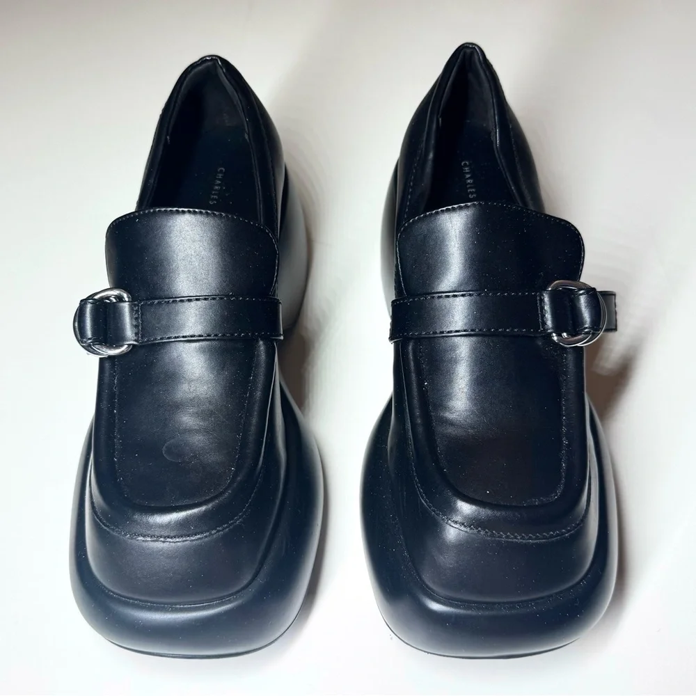 CHARLES & KEITH Women’s Buckled Black Platform Penny Loafers Shoes Size- 38